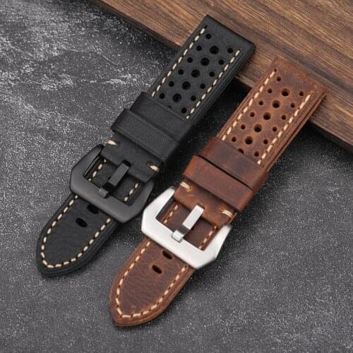 Handmade Leather Watchband Summer Breathable Bracelet Male 20 22 24 26MM,Brown Black Top Layer Italian Cowhide Strap