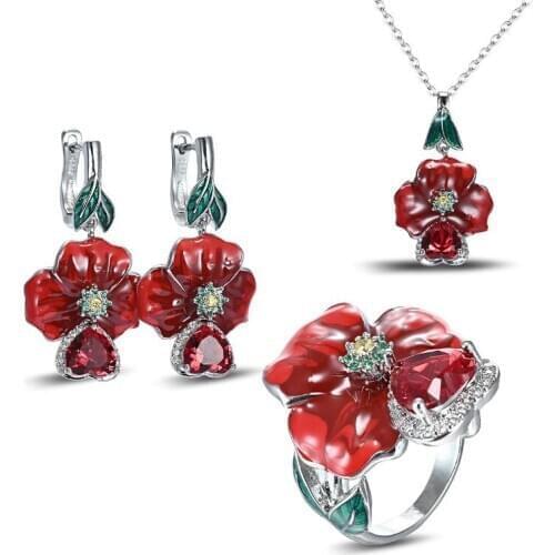 Luxury Trendy Red Enamel Silver Jewelry Sets for Women Red Crystal Pendant Necklace Earrings Rings Wedding Party Jewelry Set