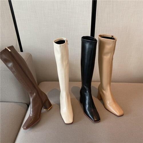 Fashion Women Sock Boots Elastic Stretch Boots Woman Square Toe Knee High Boots Side Zipper Square High Heels Black/Beige/Khaki