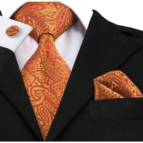 SN-976 Orange Black Red Floral Tie Hanky Cufflinks Sets Mens 100% Silk Ties for men Formal Wedding Party Groom