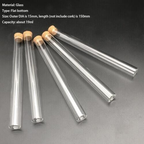 50pcs/lot Lab 15x100mm Clear Flat Bottom Glass Test Tubes With Cork Wooden Stoppers Laboratory Supplies