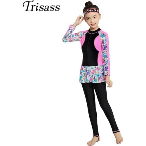 Trisass Professional Sports One Piece Skirt Swimsuit For Girls Plus Size Childrens Swimwear Long Pants Sleeve Kids Bathing Suit