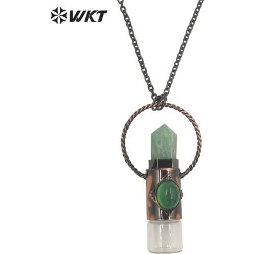 WT-N1311 Wholesale Classic Antique Copper Natural stone crystal quartz perfume bottle necklace with roller bottle