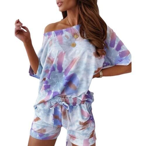 Womens Tie-Dye Print Outfit Casual Loose Short Sleeve T-Shirts + Drawstring Shorts Set