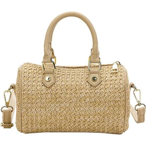 Good Quality Fashion Straw Pillow Bag Women New Summer Chic Boston Handbag Ladies Cross-body Bag Barrel Bag for Lady DSFC0255