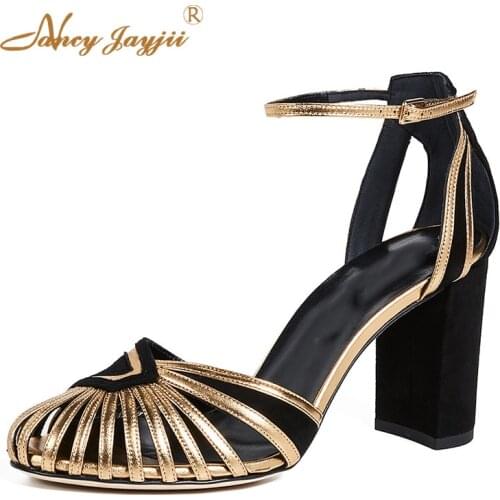 Golden Women Sandal Female Shoes Patent Leather Super High Square heel Ankle Wrap Fashion Leisure Novelty Nancyjayjii 2019