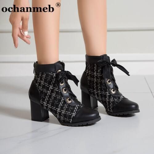Big Plus Size 46 13 Women Brand Tweed Boots Shoes Square High Heels Ribbon Lace up Round Toe Ankle Boot Lady Black Beige Booties