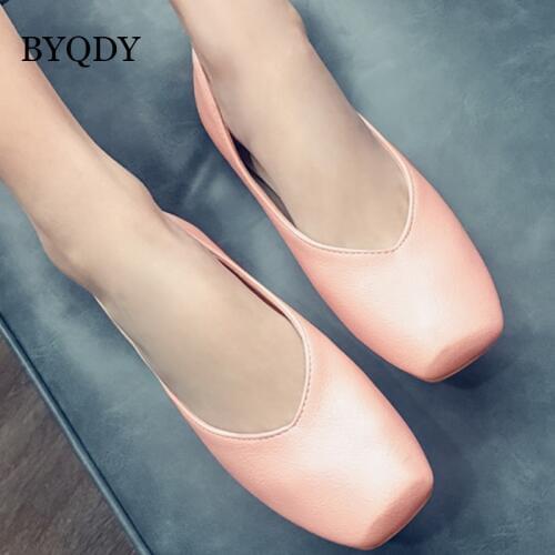 BYQDY 2020 Spring New Ladies Flat Shoes Casual Women Shoes Comfortable Square Toe Flat Shoes Worker Shoes Solid Black Pink Shoe