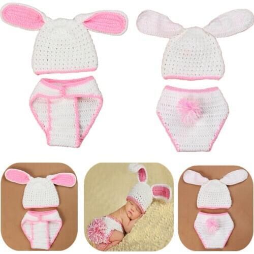 2Pcs/Set Newborn Babys Photography Clothes Props Handmade Knitted White Rabbit Hat And Diaper Cover Suit Photo Costume