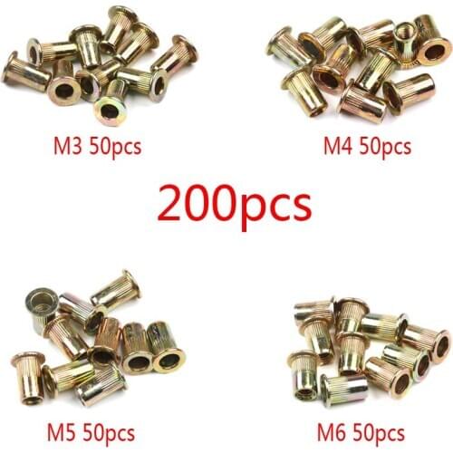 200/50 PCS Carbon Steel Flat Head Rivet Nuts Set M3 M4 M5 M6 Insert Reveting Multi Size Rivet Nuts