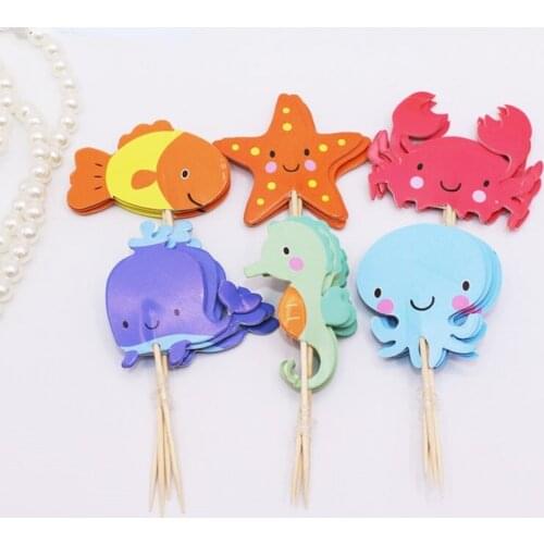 24Pcs Birthday Cake Toppers Fish Sea Star Crab Shape Cake Flags Baby Shower Mermaid Theme Cake Decoration Party Supplies