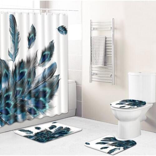 4pcs Bathroom Shower Curtain Feather Print Durable Waterproof Bath Curtain Set Toilet Cover Mat Non-Slip Bathroom Rug Set