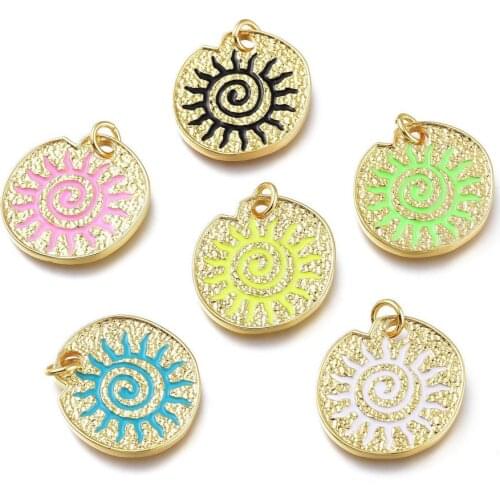 5pcs Gold Plated Brass Enamel Pendants with Jump Rings Flat Round Sun Necklace Pendant for Women DIY Jewelry Findings Mix Color