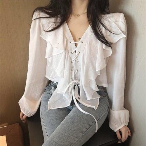 Bandage Chiffon Blouse Women Long Sleeve Elegant Korean Blouse Hajaruku Casual Loose White Autumn Top Womens Clothing