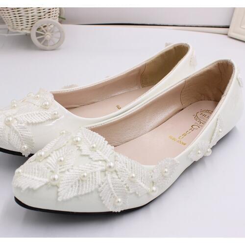 BaoYaFang White bridal wedding shoes light lace Pearl Flower bridesmaid dress shoes