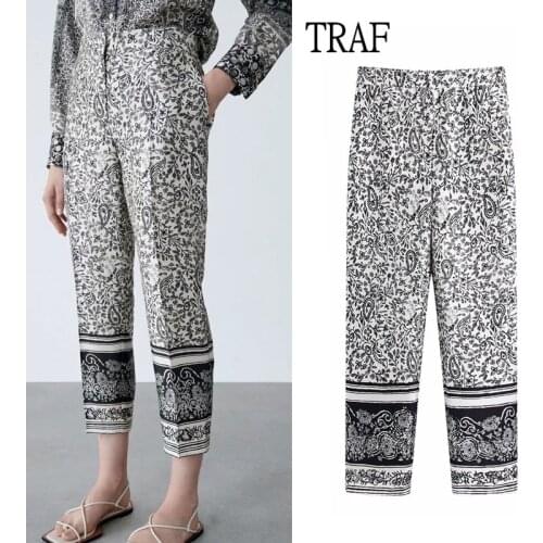 TRAF Za Womens Pants 2021 Korean Fashion Print Womens Clothing Trousers Retro Loose Slim-Leg Pant Chic zipper Ankle Pants