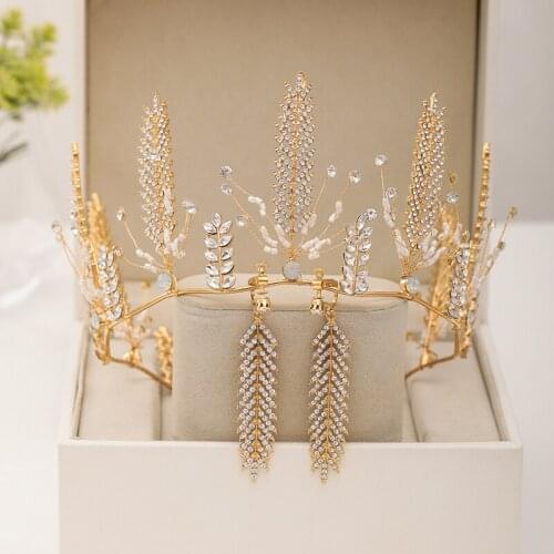 Fashion Gold Color Tiaras Wedding Hair Accessories Bridal Headpiece Crystal Tiaras and Crowns With Earrings Sets Bride Party