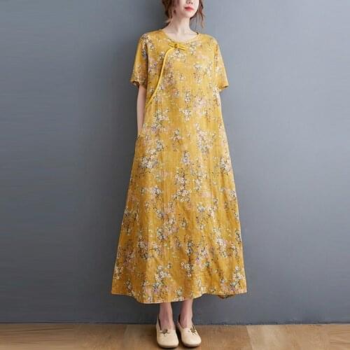 Women Cotton Linen Casual Dress New Arrival 2021 Vintage Style O-neck Floral Print Ladies Elegant A-line Long Dresses B366