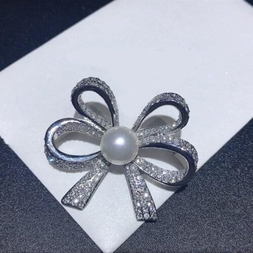 Brand 1:1 retro temperament diamond silver bow pearl brooch, elegant charm and exquisite lady silver jewelry