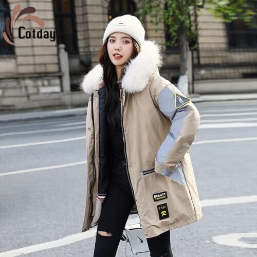 Cotday Solid Casual Fashion Fur Collar Cotton Parkas Winter Jacket Women 2021 Thick Warm Medium Long Hooded Ladies Parka Coats