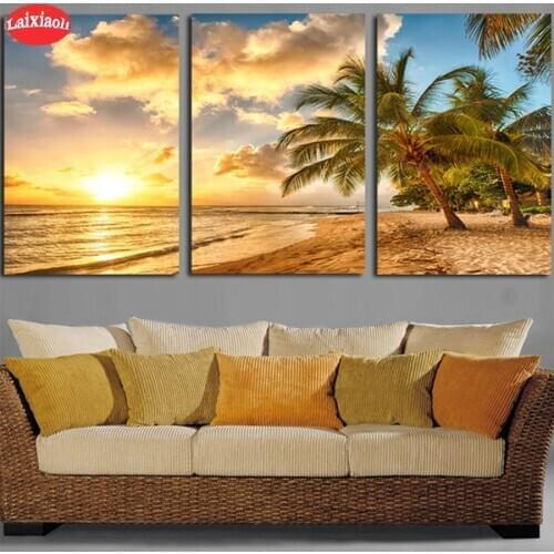 Full drill Crystal Paintings Natural scenery, sunset beach, tree Diamond Embroidery 5d Diy diamond painting x3pcs