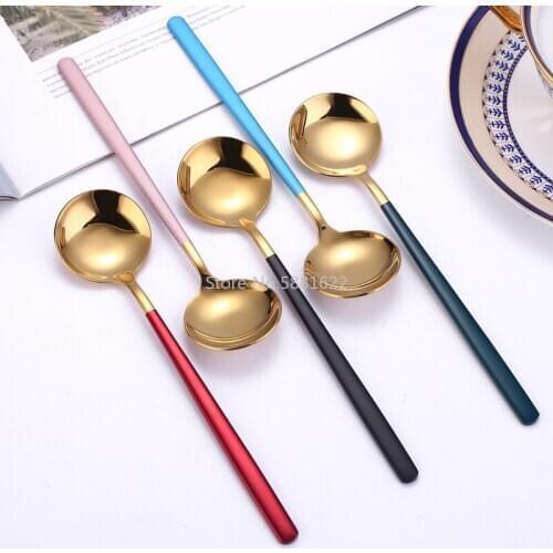 Stainless Steel Spoon Korean Household Net Red Round Spoon Creative Paint Dessert Coffee Stirring Spoon Into The Spoon