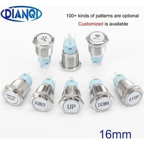 16mm Customization symbols push button switch metal Brass rhodium plating lamp flat round fans light latching/Momentary