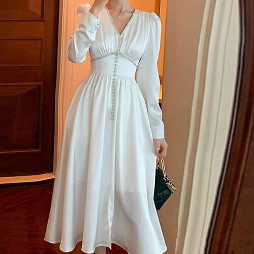 Spring and autumn new French retro style white dress with thin waist