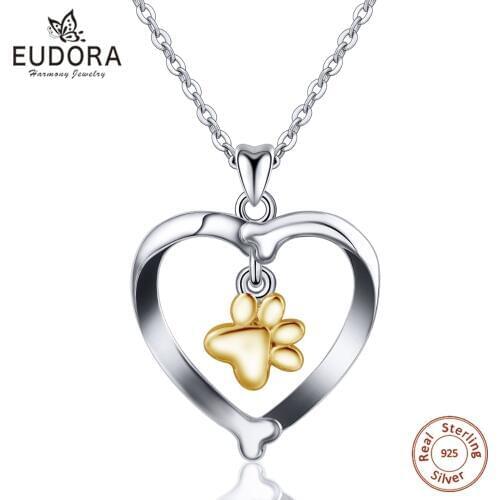 Eudora 925 Sterling Silver Cute Pet Dog Cat Bone & Footprint Pendant Necklaces Women Fine Jewelry For Girl Birthday gift D129