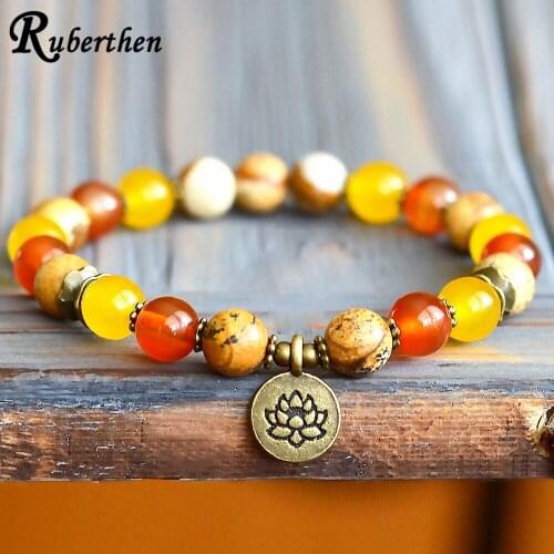 Ruberthen New Design Mix Gem Stone Yoga Bracelet Handmade Lotus Charm Wrist Mala Bracelet Romantic Gift for Her