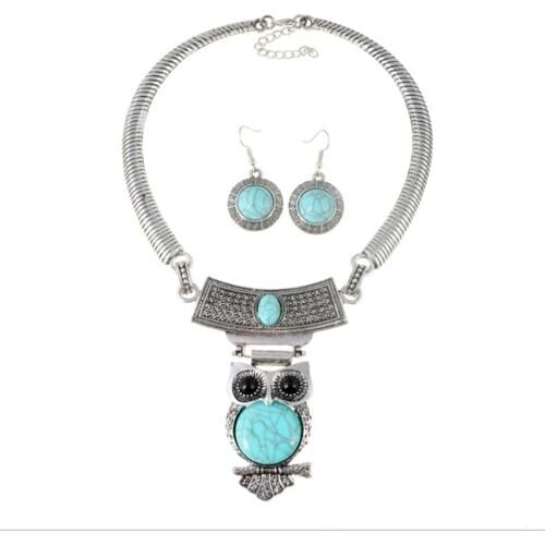 Trendy Silver Plated Wisdom Owl Green Turquoises Stone Pendant Necklace Drop Earrings Animal Jewelry Sets