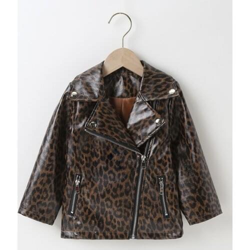 Girls spring and autumn jacket childrens clothing girls leopard pattern leather jacket suitable for 3-7 years old