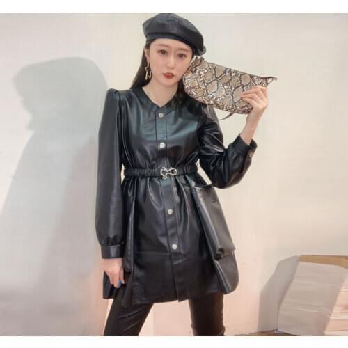 Spring 2020 new leather windbreaker for women sheep skin medium and long Korean leather coat show slimming coat coat
