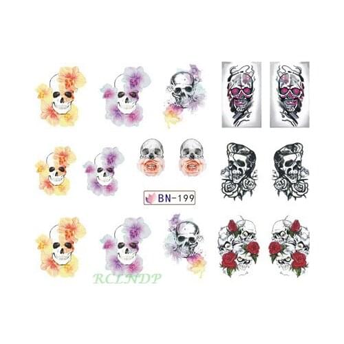Water sticker for nail art decoration slider skull with colorful flower watercolor design decal manicure lacquer accessoires