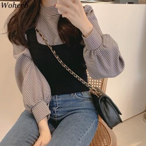 Woherb Korean Chic Two Pieces Set Women Stand Collar Plaid Shirt Blouse + Knitted Sleeveless Vest 2021 Autumn Cute Elegant Suit
