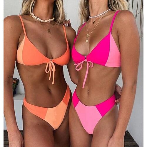 Yellow and Pink Strappy Thong Bikini Sets Sexy Patchwork Padded Swimsuit Two Pieces Swimwear Women Beach Bathing Suits