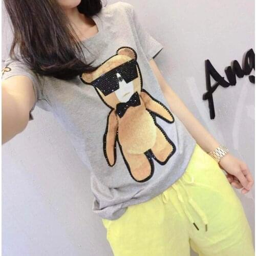 Casual T-shirt for Women Summer 2020 Korean Style Cute Cartoon Bear Patchwork O-Neck Short Sleeve Tshirt Tops Gray