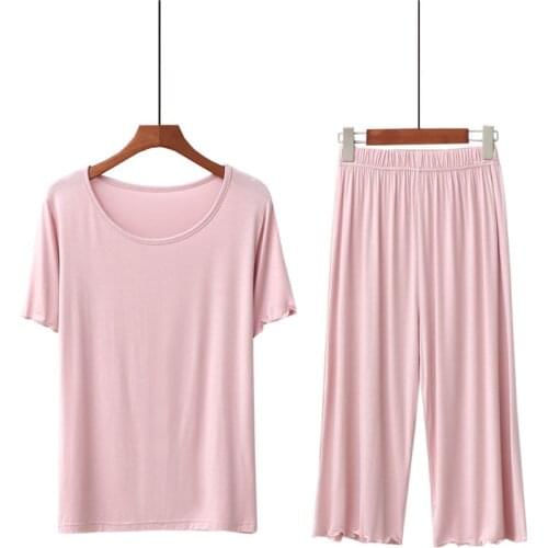 2021 new spring and summer pajamas women modal round neck short-sleeved 7-point wide-leg pants outer wear home service suit