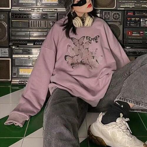 Butterfly Print Vintage Hip Hop Oversized Sweatshirt Women Long Sleeve Loose Crewneck Casual Gothic Fashion Spring Purple Tops
