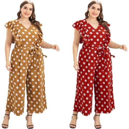 2021 Hot Sale European And American Style V-Neck Plus Size Ruffles Wide leg Jumpsuits For Women