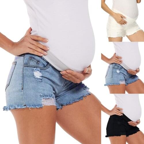 Women Maternity Elastic Band Jeans Solid Color Ripped Denim Shorts Stretchy Casual Pregnancy Shorts одежда для беременных