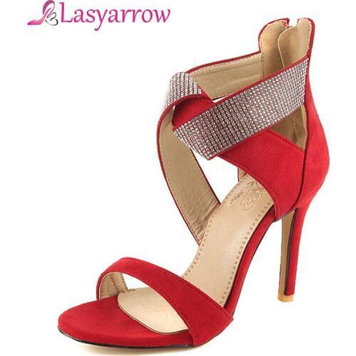 Lasyarrow Black Red Wedding Shoes Woman High Heels Gladiator Sandalias Mujer Ladies Rhinestone Ankle Wrappy Summer Shoes RM586