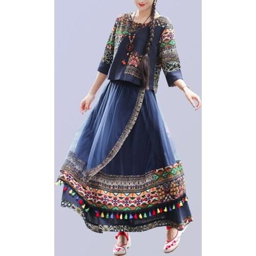 Woman Traditional Chinese Clothing Set Cotton Linen Retro Print Floral Hanfu Vintage Irregular Oriental 2 Pieces Tang Suit 12366