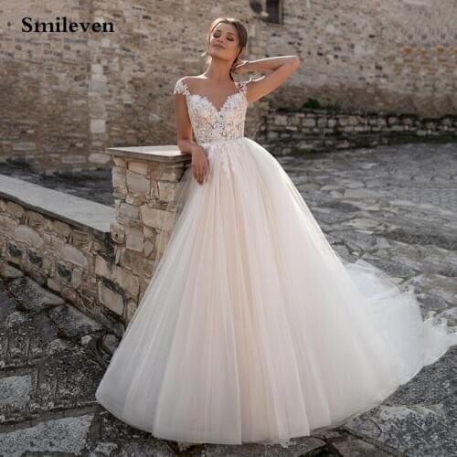 Smileven Boho Wedding Dress Cap Sleeves Appliqued Lace Bridal Gown Vestido De Noiva Lorie Wedding Gowns For Women