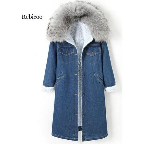 Winter Long Parka Big Flaux fur collar thick Warm Denim coat Plus velvet Fleece Multi-pocket Pocket jean Jacket Women Plus Size