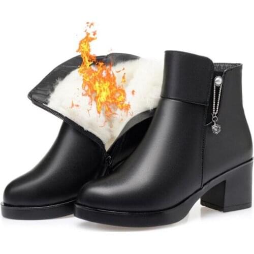 Winter Fur One Wool Boots Female Short Boots Fashion Genuine Leather Boots Warm Snow Boots Winter Shoes High Heel Large Size
