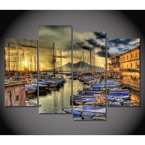 4 Pcs Unframed Canvas Art Naples Italy Wharf Boats HD Printed Canvas Painting Home Decor Wall Art Poster Picture for Living Room