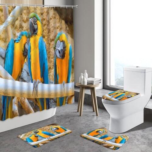 4pcs Parrot Shower Curtain Couple Colorful Bird Tropical Green Leaf Forest Waterfall Scenery Non-Slip Rugs Bathroom Decor Carpet