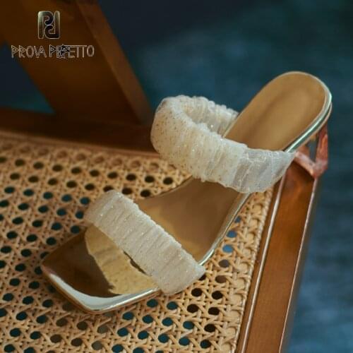 Mesh mid-heel crystal heel fashion outer wear sandals 2021 summer new fashion gentle lady thick heel sandals and slippers