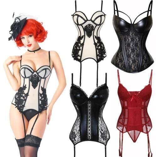 Sexy Bustiers And Corsets Plus Size Lingerie Corset Top With Cups Overbust Gothic Style Corselet Leather Black Bodice Women Belt